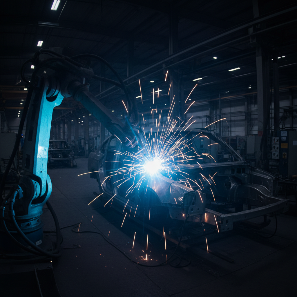 Automotive manufacturing facility with robotic assembly lines, bright overhead lighting, industrial robotic arms, dark atmospheric setting