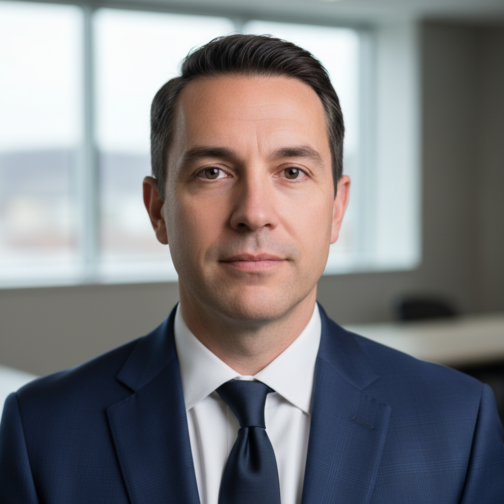 Professional accountant headshot, man in navy suit with neutral expression