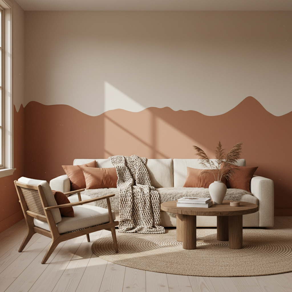 Professional painter applying warm terracotta paint on a freshly renovated interior wall, bright natural light, clean modern home