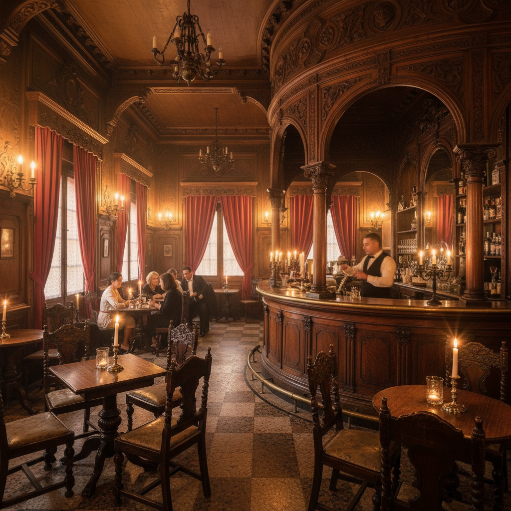 Historic Seville café with colonial décor, dark wood, and warm candlelight