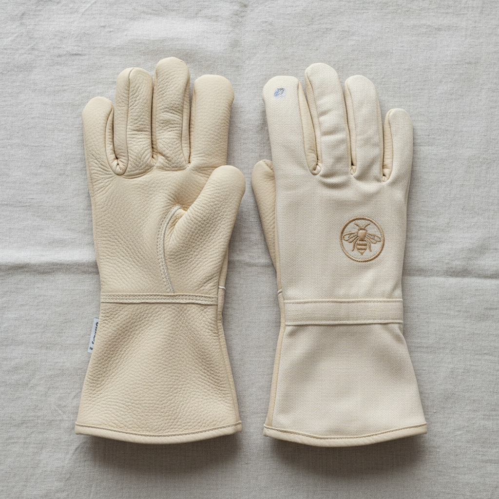 Close-up of beekeeper gloves — goatskin gauntlets laid flat on cream linen fabric