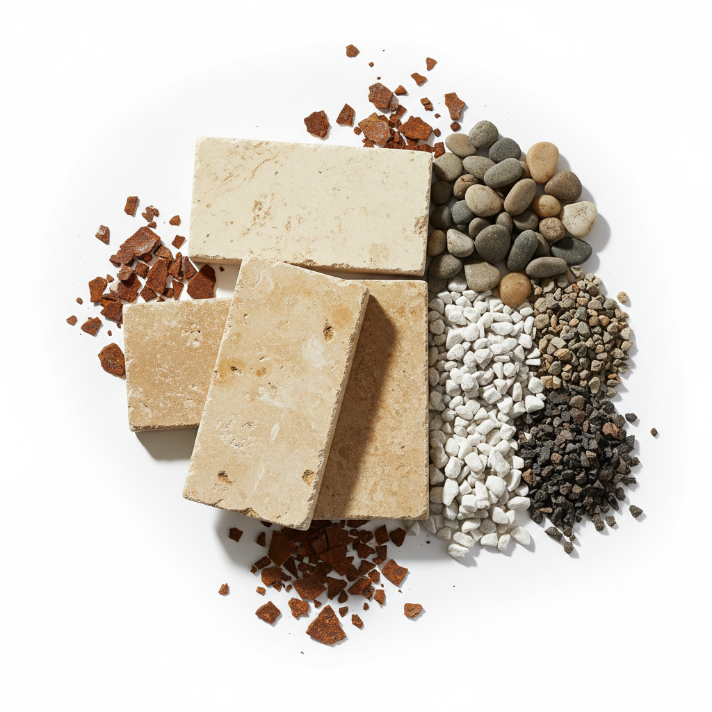 Selection of material samples laid on a white surface including limestone pavers, gravel types, and corten steel chips