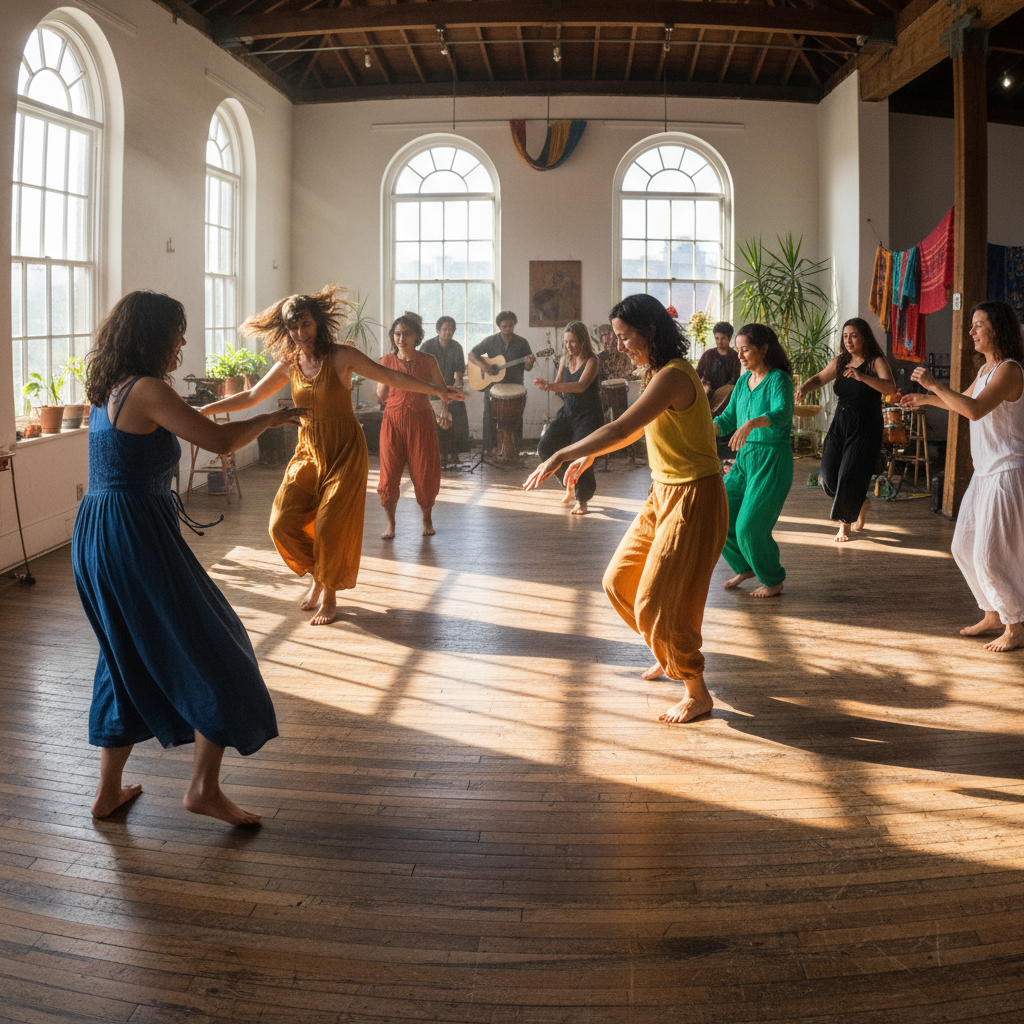 Community members dancing barefoot on wooden floor