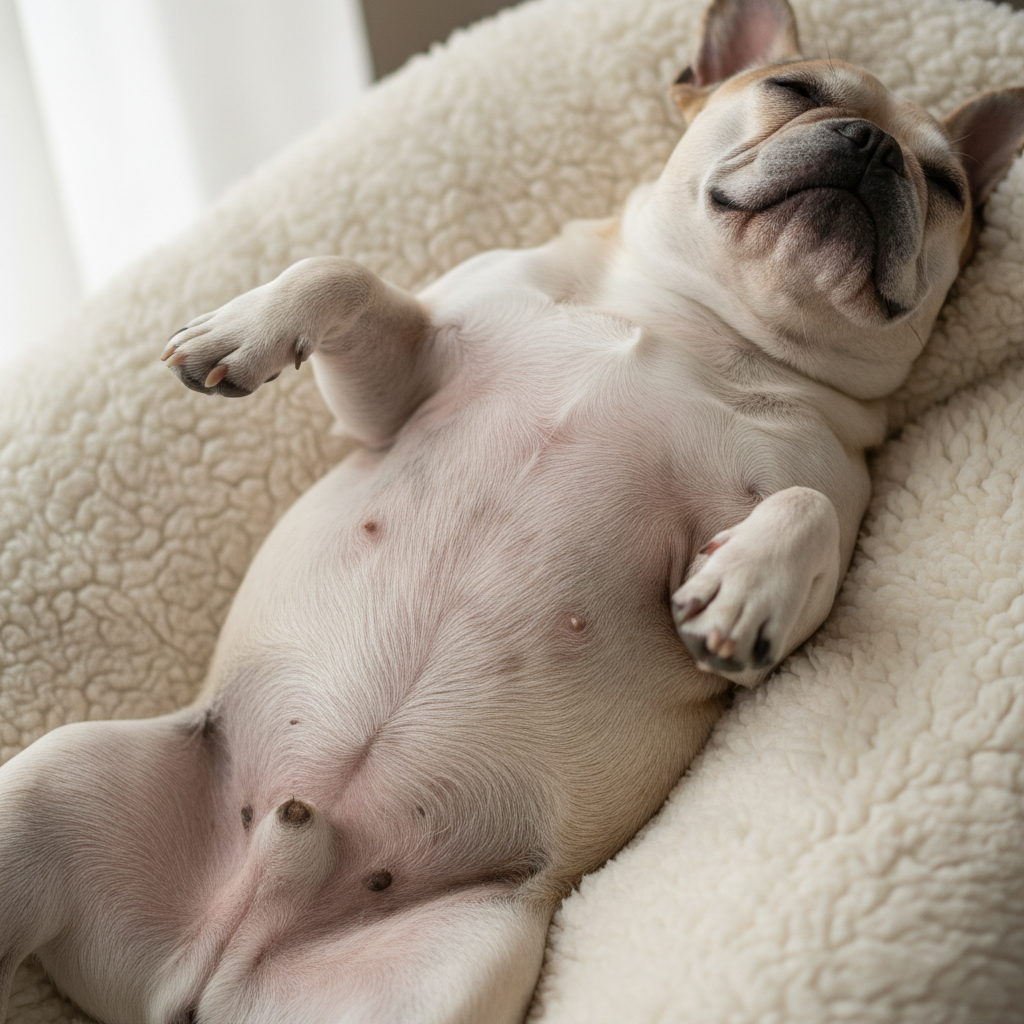 French Bulldog lying on its back showing its belly, with visible skin folds and the characteristic compact spine structure