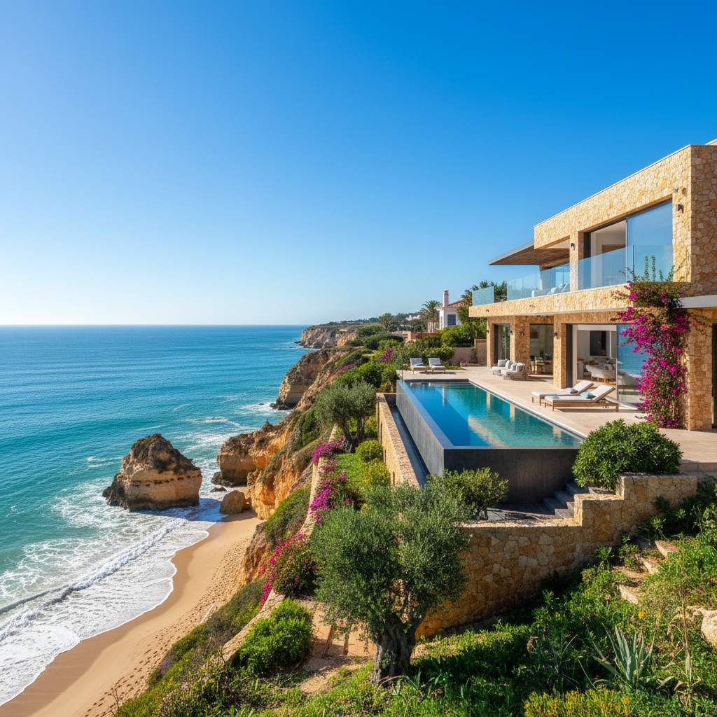 Cliffside villa with ocean views and traditional Portuguese architecture in Algarve Portugal