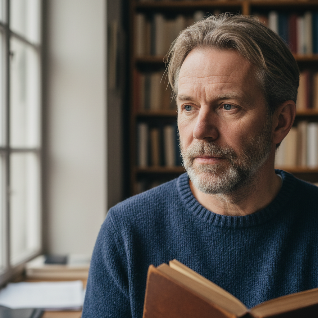 Portrait of a Scandinavian man literary critic, thoughtful expression