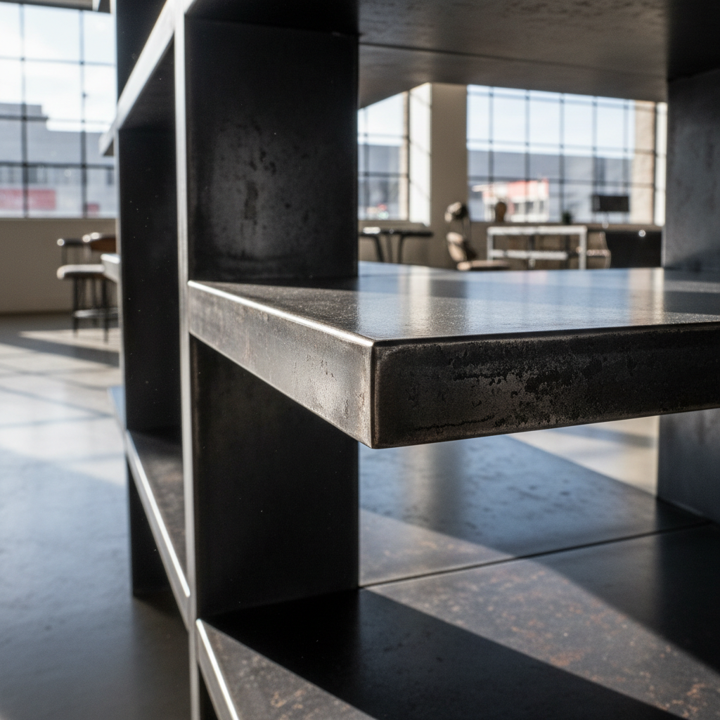 Blackened steel shelving close-up — oxidized finish, sharp edges, industrial texture catching raking light in retail environment