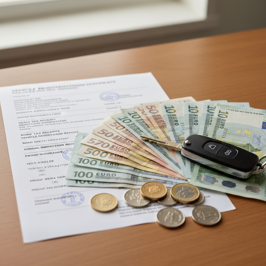Government tax forms and money next to car keys on a desk, representing vehicle taxation and registration costs worldwide