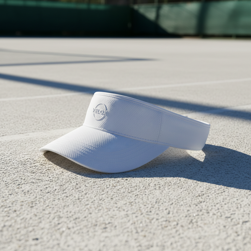 Sport visor on white clay tennis court, clean minimal design, strong afternoon shadows