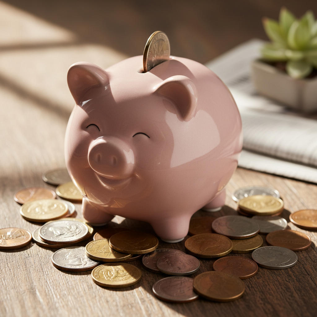 Retirement savings piggy bank and coins representing pension mis-selling compensation