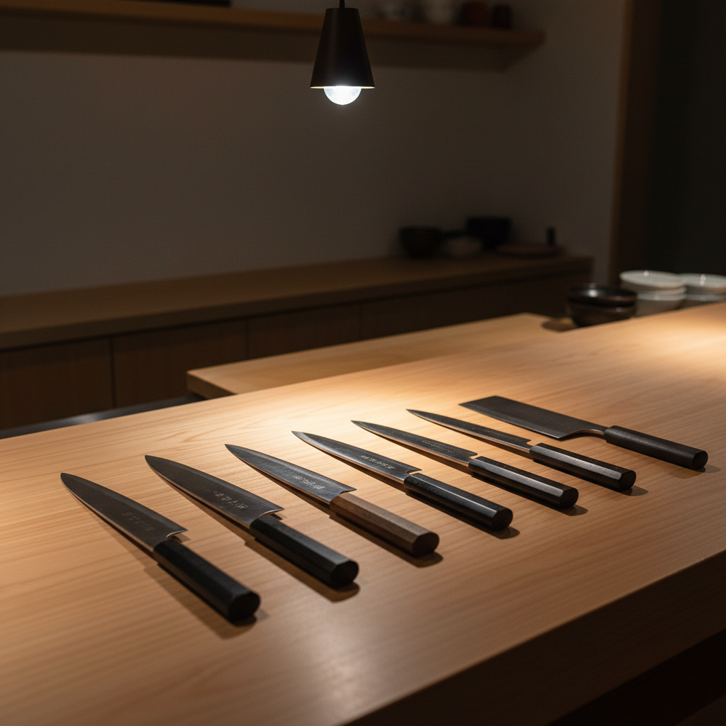 Hinoki wood counter viewed from counter seat, knives arranged by length, single light overhead