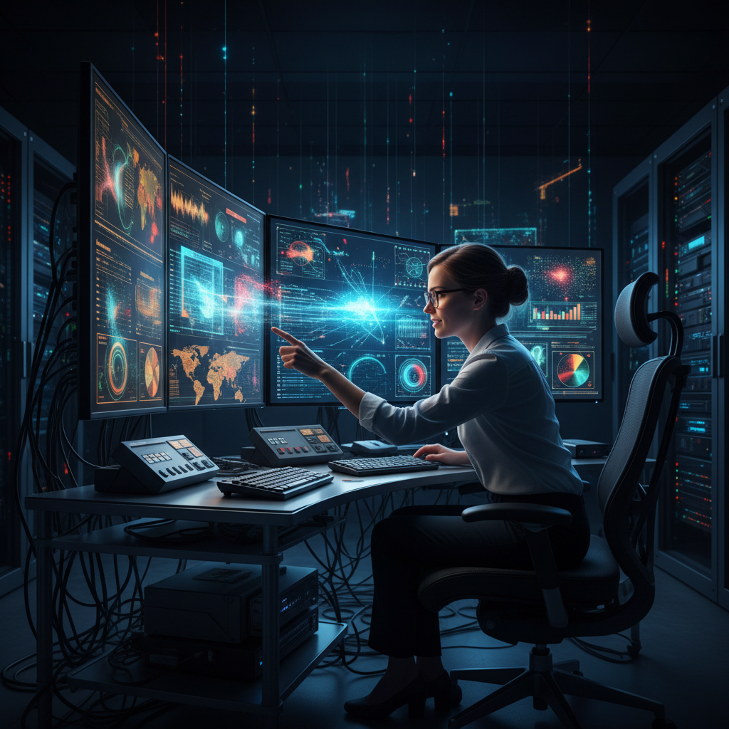 Data scientist analyzing machine learning model performance charts on bright monitor in modern analytics workspace