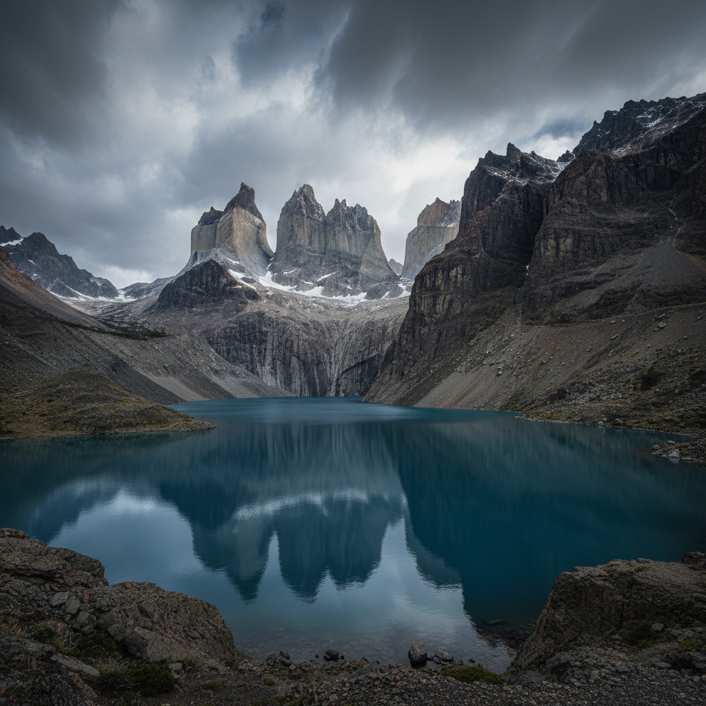 Torres del Paine granite towers, dark storm clouds, turquoise glacial lake, raw Patagonian wilderness