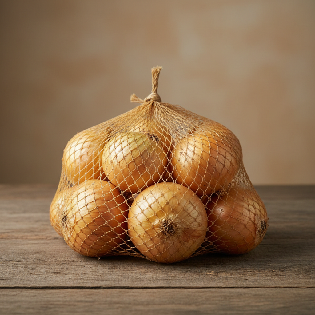 Brown onions in pile on wooden surface in warm light