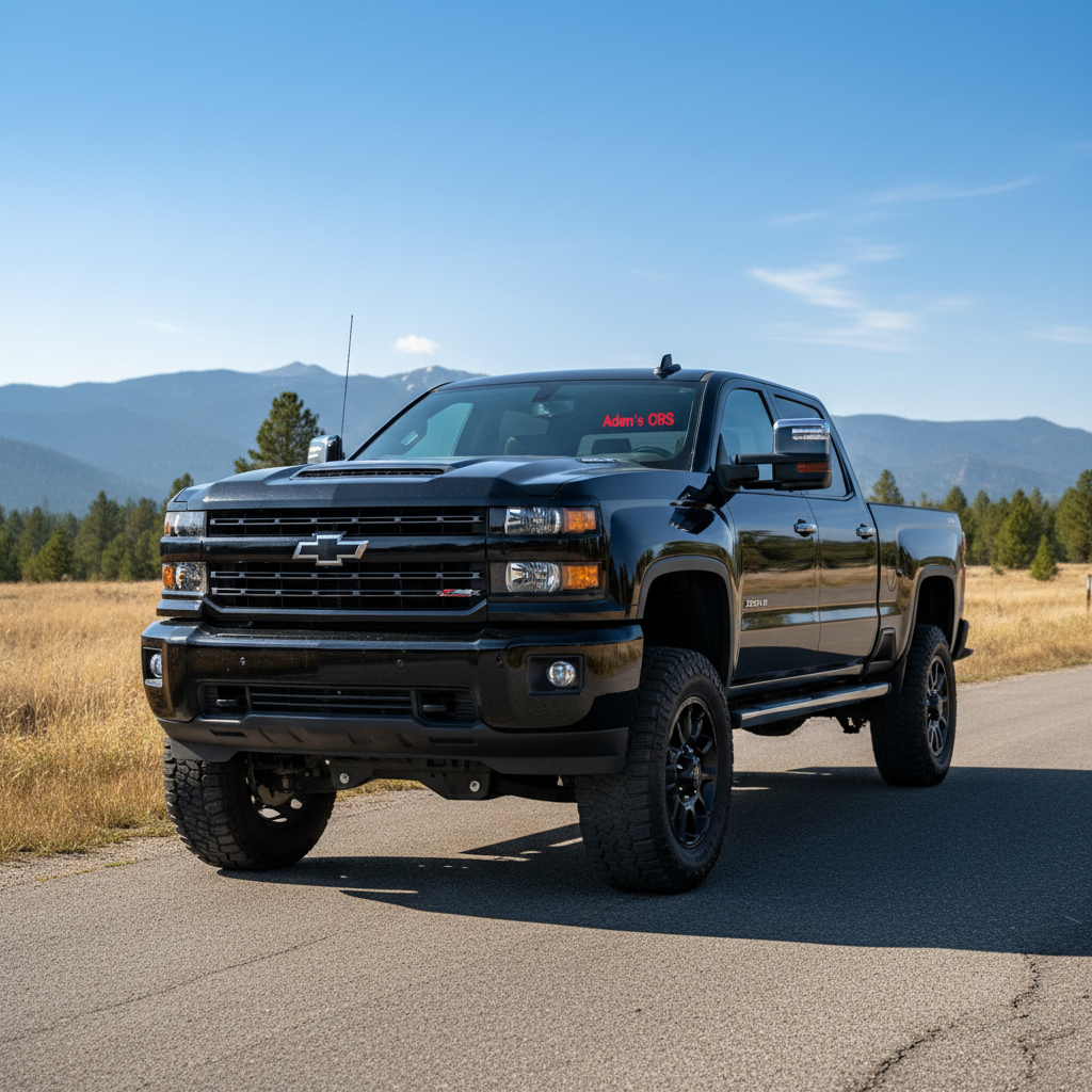 Heavy-duty diesel pickup truck, dark charcoal metallic finish, low-key industrial lighting, deep shadows