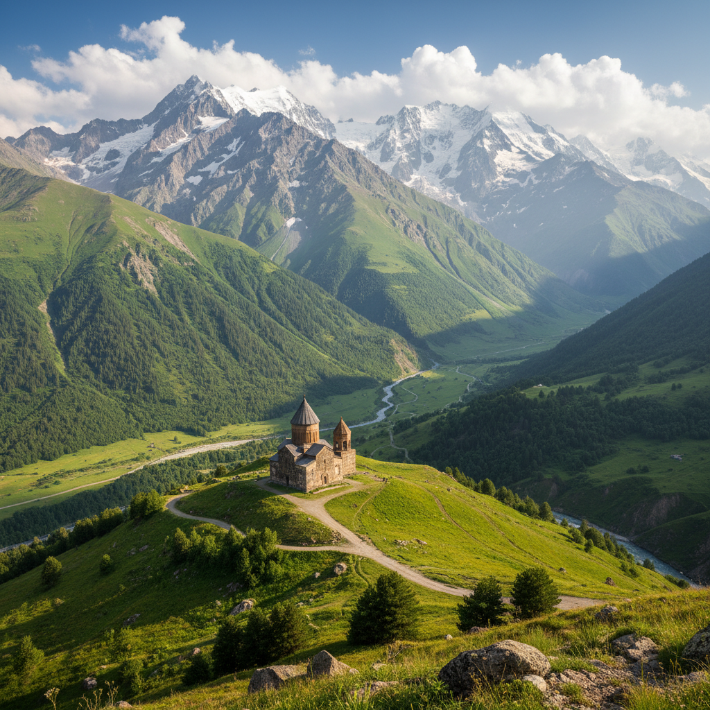 Ancient Gergeti Trinity Church perched on a mountain peak above the clouds in Kazbegi, Georgia