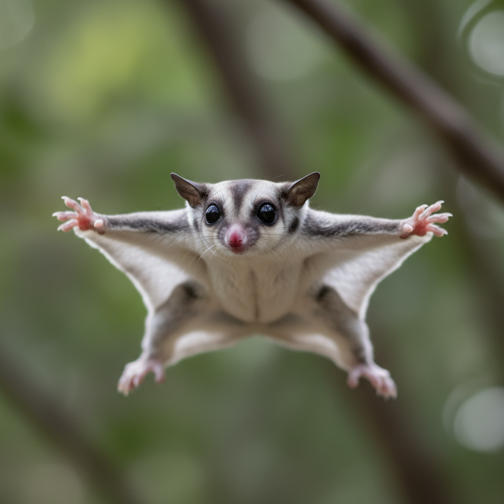 Sugar glider stretching patagium mid-glide against soft green background