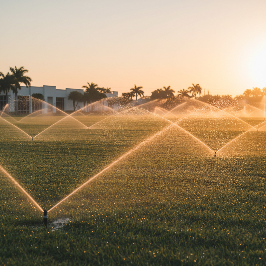Commercial irrigation sprinklers running on a South Florida lawn at golden hour, water mist catching early morning light