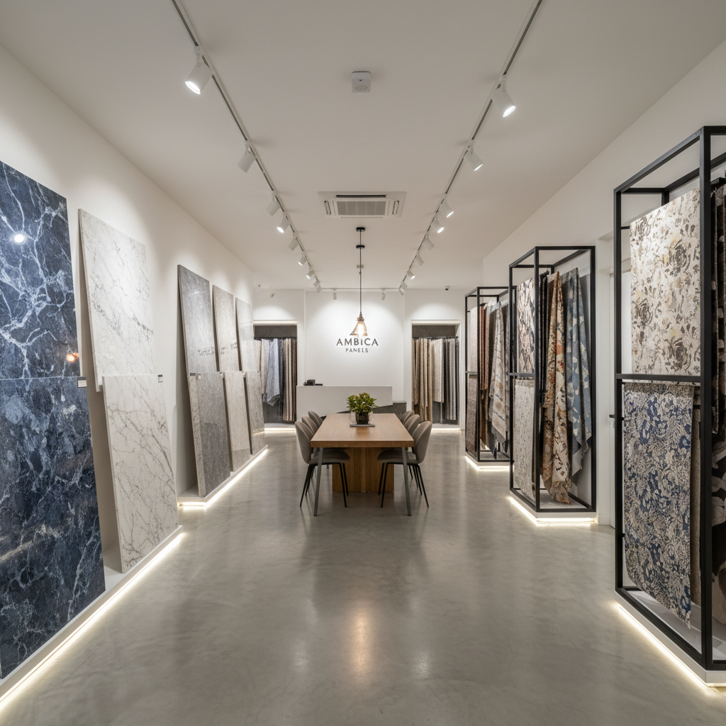 Organized display of premium interior material samples including wood laminates, MDF panels, and engineered surfaces in clean showroom setting