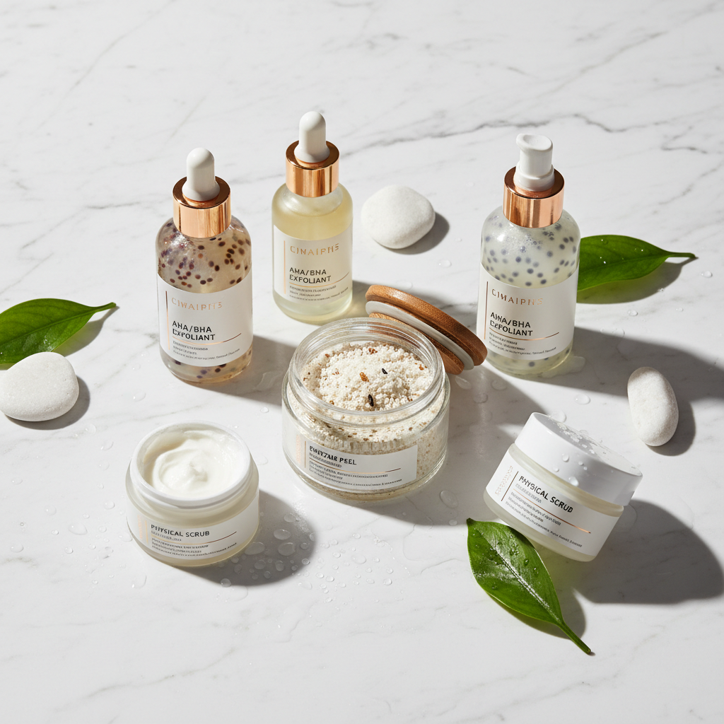 Elegant exfoliating scrub jar on white surface with clean minimal luxury styling
