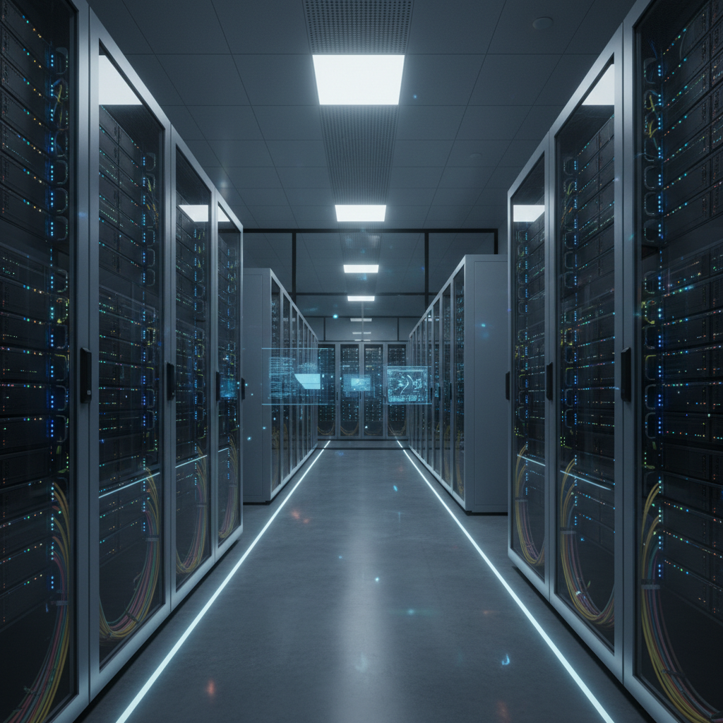 Dark atmospheric server room with blue-tinted rack lighting, deep shadows, low-key industrial environment