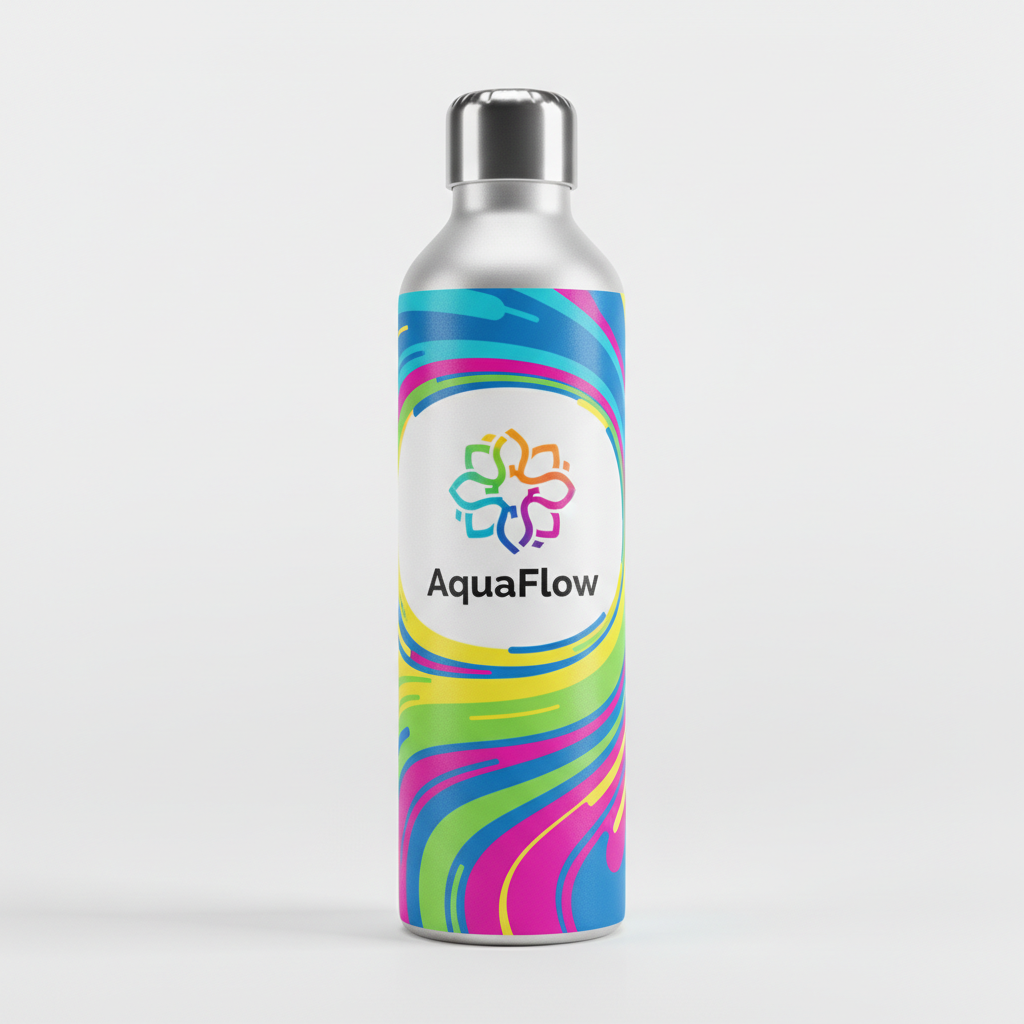 Custom branded water bottle with full-wrap color print showing company logo and bold graphic design