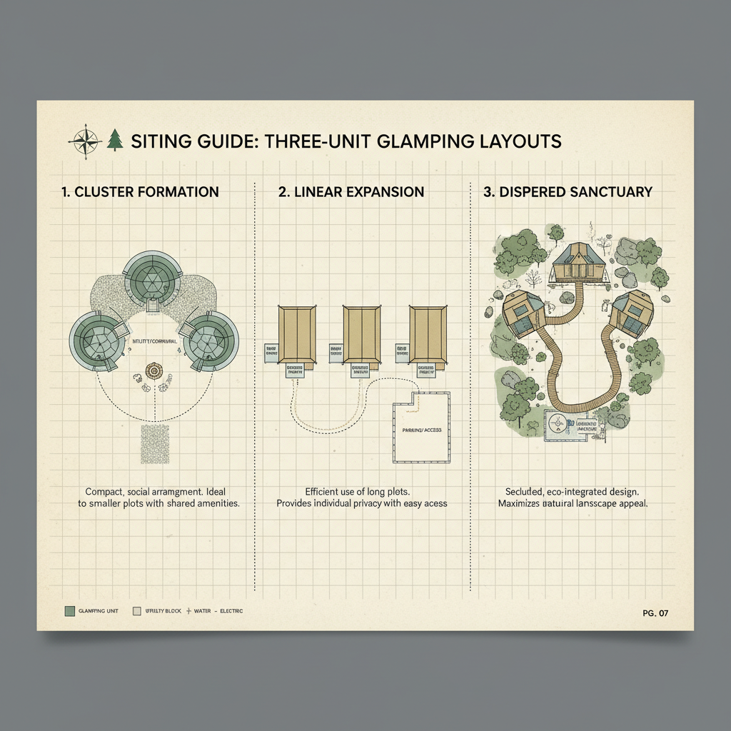 Siting Guide page with infrastructure planning layouts for three-unit glamping sites