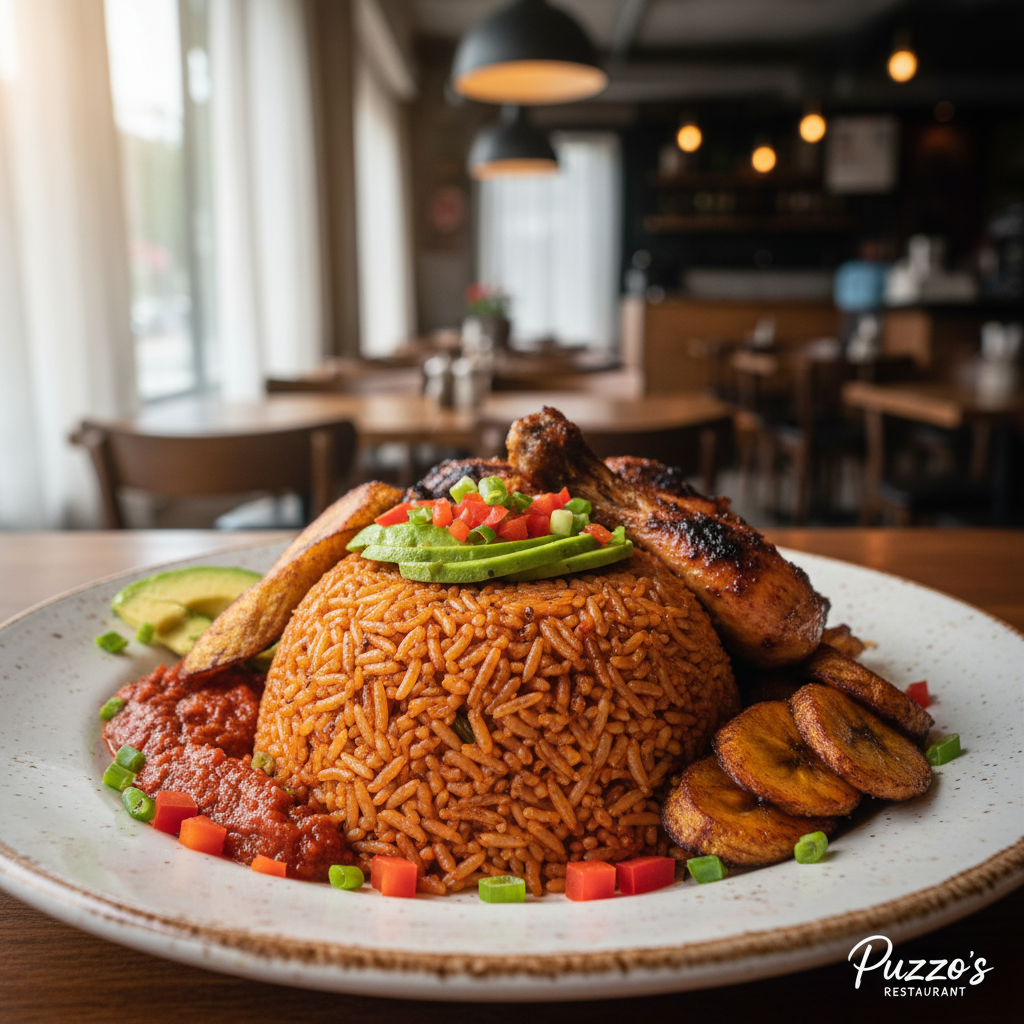 Steaming plate of Nigerian jollof rice