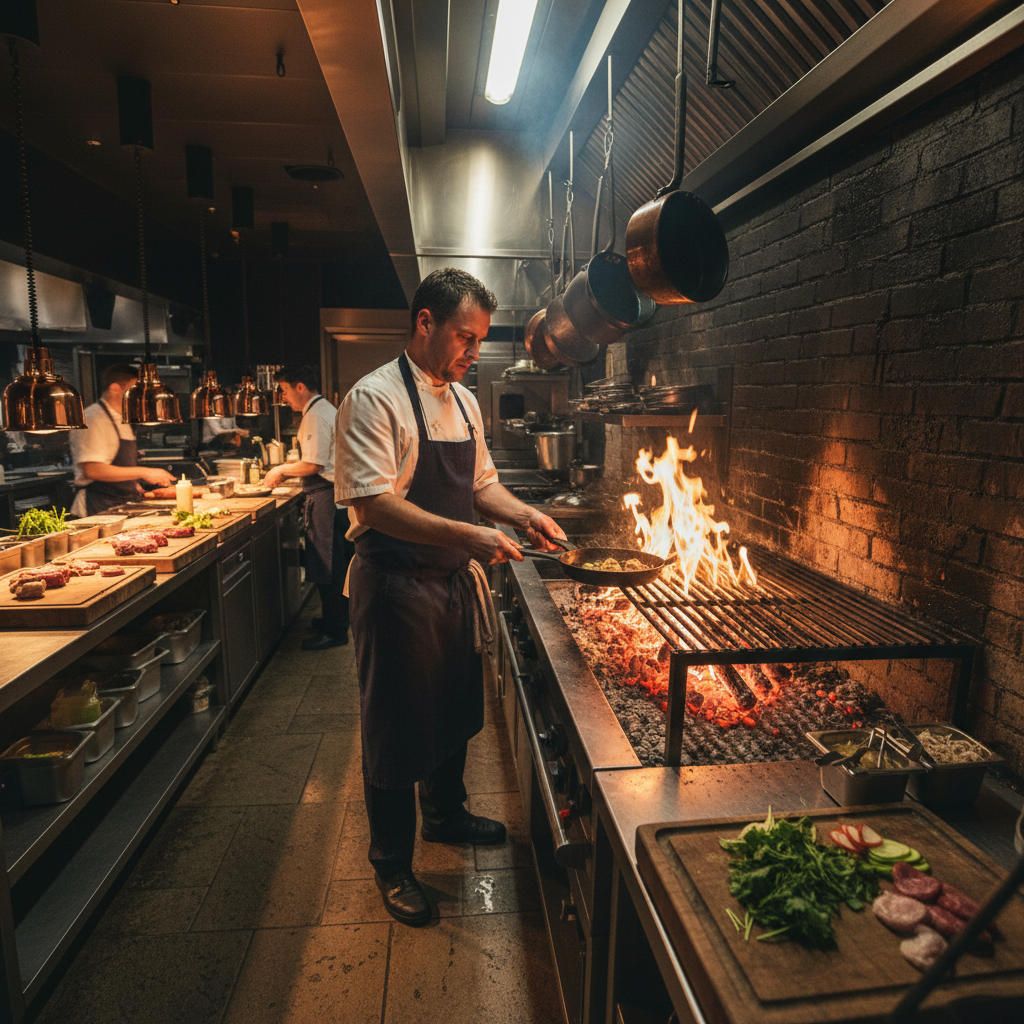 Professional chef working at open flame hearth in dark atmospheric kitchen, intense amber firelight, focused concentration, shadows deep