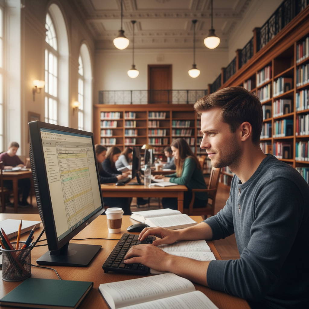 Student working on homework at a library computer