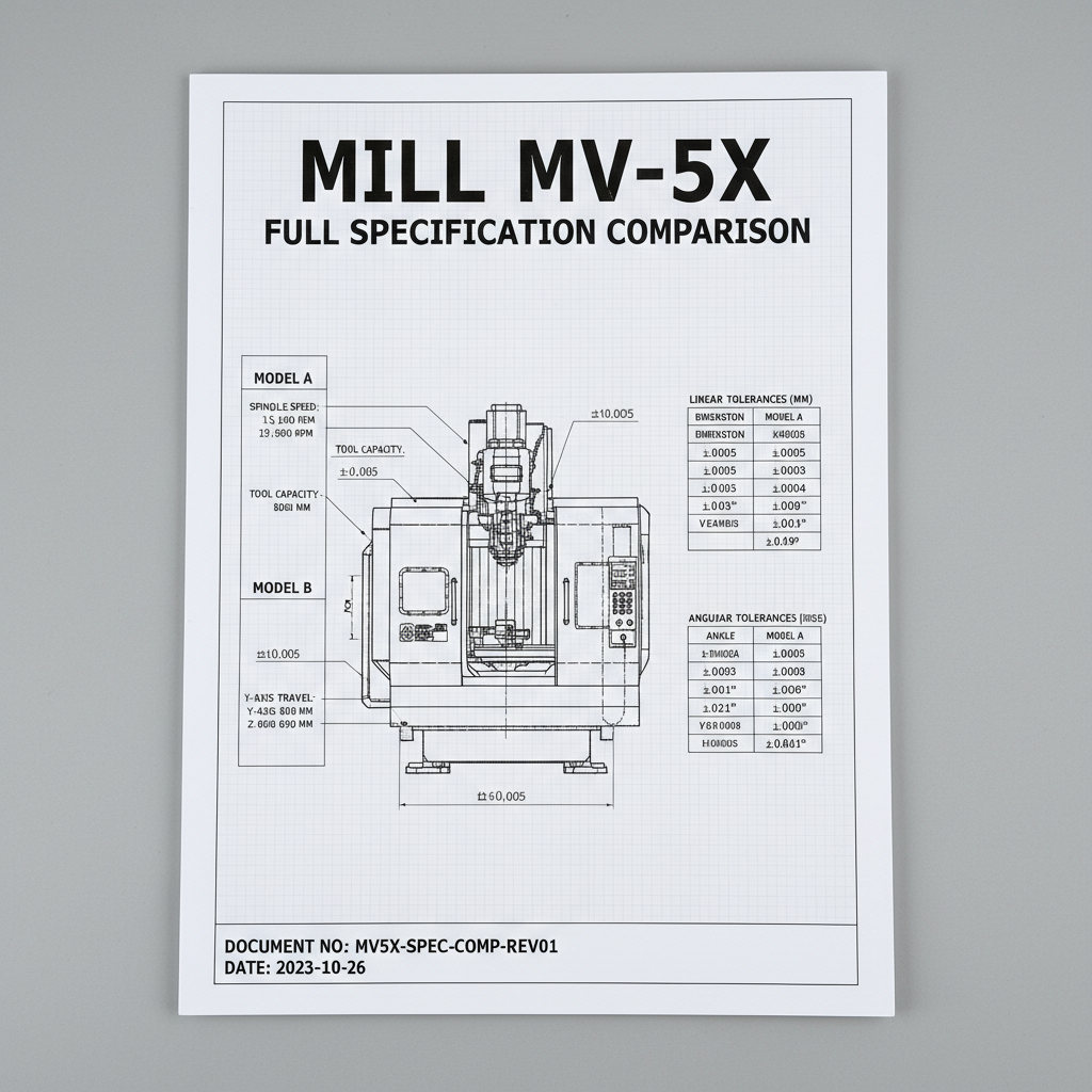 Mill MV-5X full specification comparison document cover, engineering drawing style layout with tolerance tables