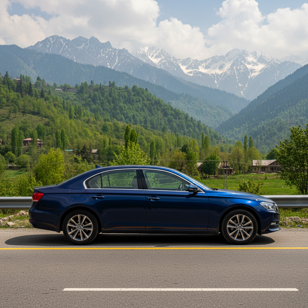 Blue sedan car on empty road with mountains in background, clear blue sky, scenic landscape