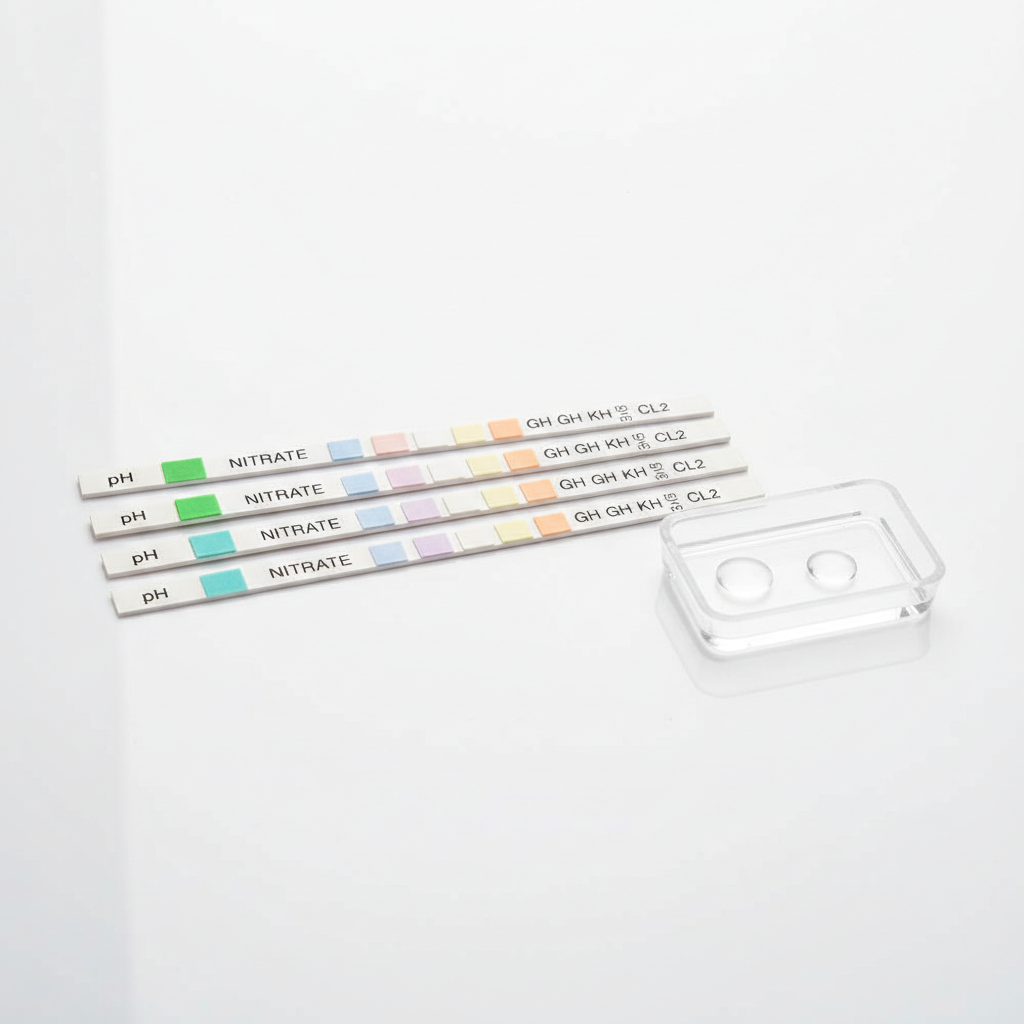 Aquarium water test strips showing perfect pH and nitrate parameters