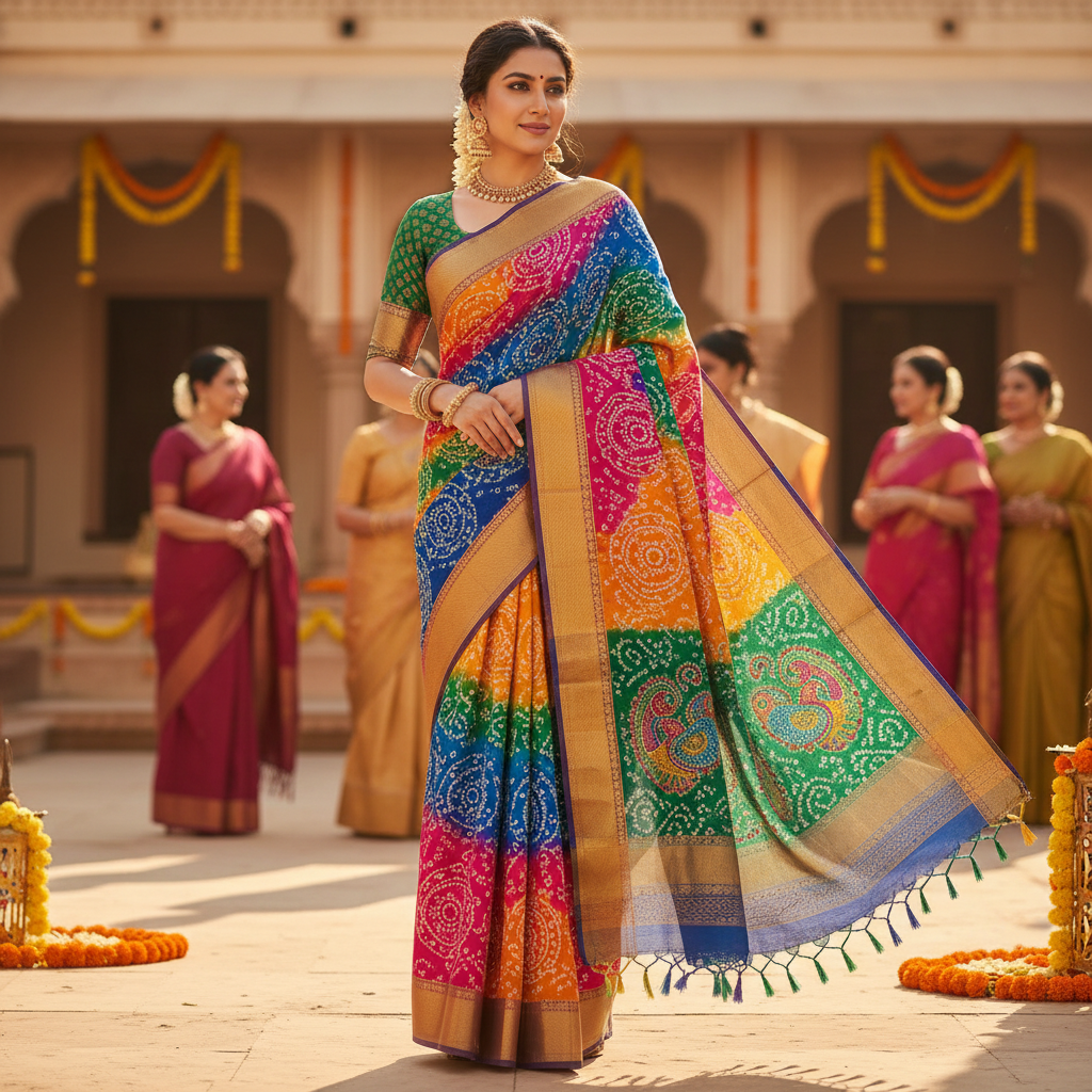 Colorful cotton bandhani saree with tie-dye pattern on mannequin