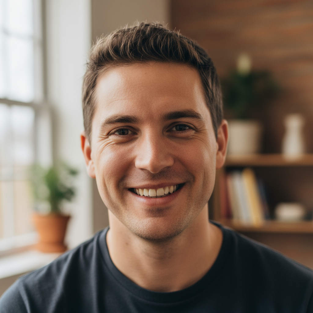 Professional headshot of Julien Moreau, male chef, warm indoor lighting