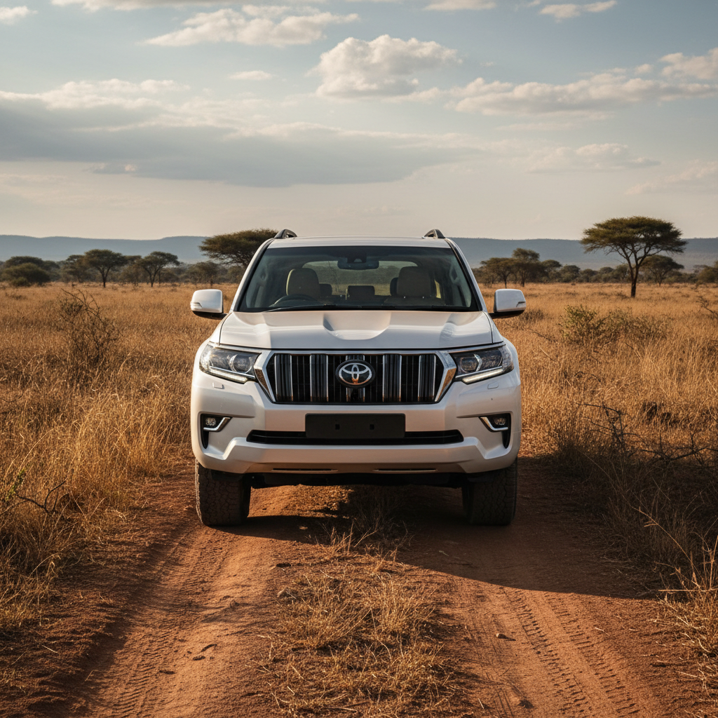 Luxury black SUV Land Cruiser on open Kenyan highway, bright sunny savanna landscape background