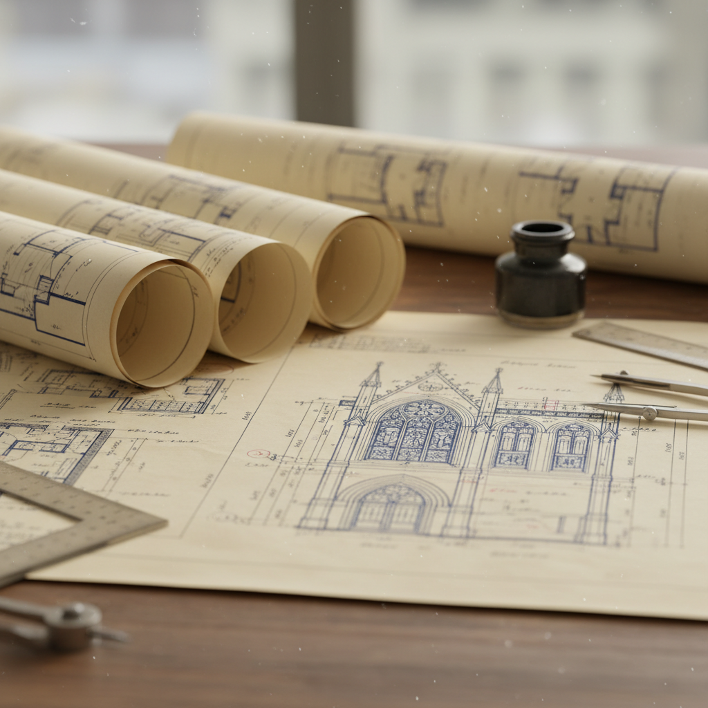 Architectural plans and drawings laid out on a desk