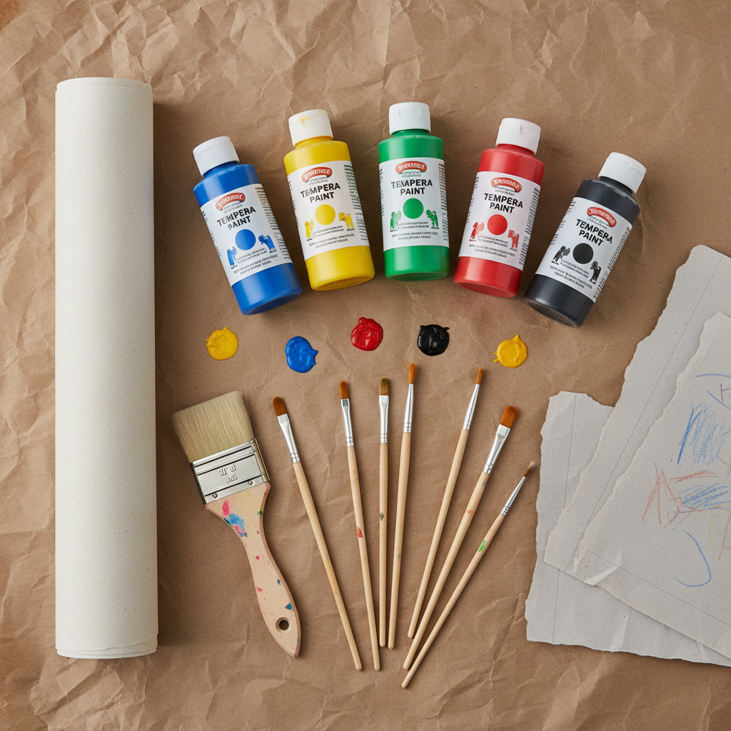 Flat-lay of classroom art supplies: tempera bottles, brushes, and newsprint arranged on butcher paper