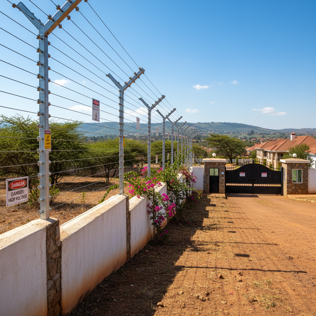 Electric perimeter fence around Kenyan gated residential estate in Ngong, professional security installation