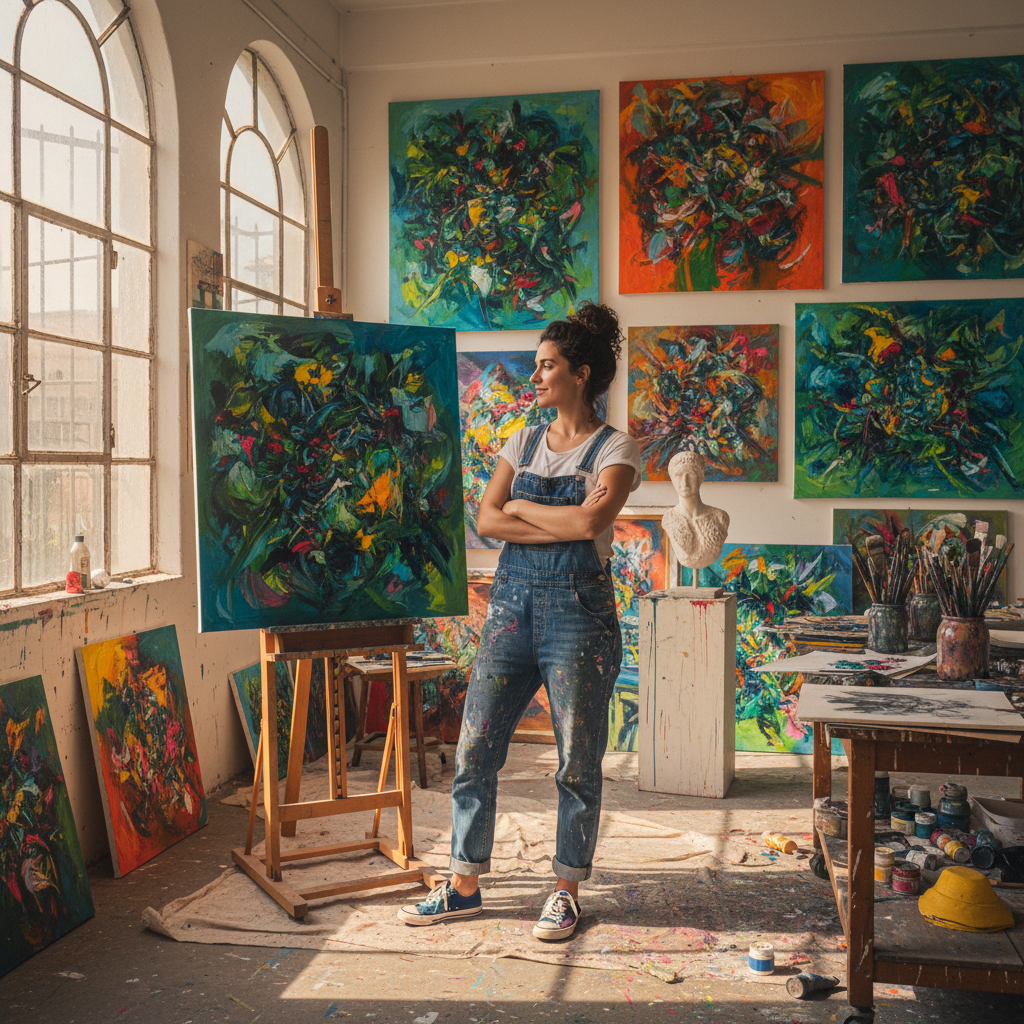 Naledi Mokoena, painter, woman in paint-stained overalls