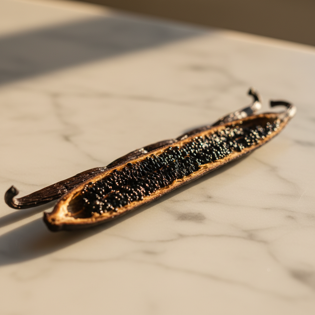 Tahitian vanilla pods split open showing seeds on white marble surface, soft natural light