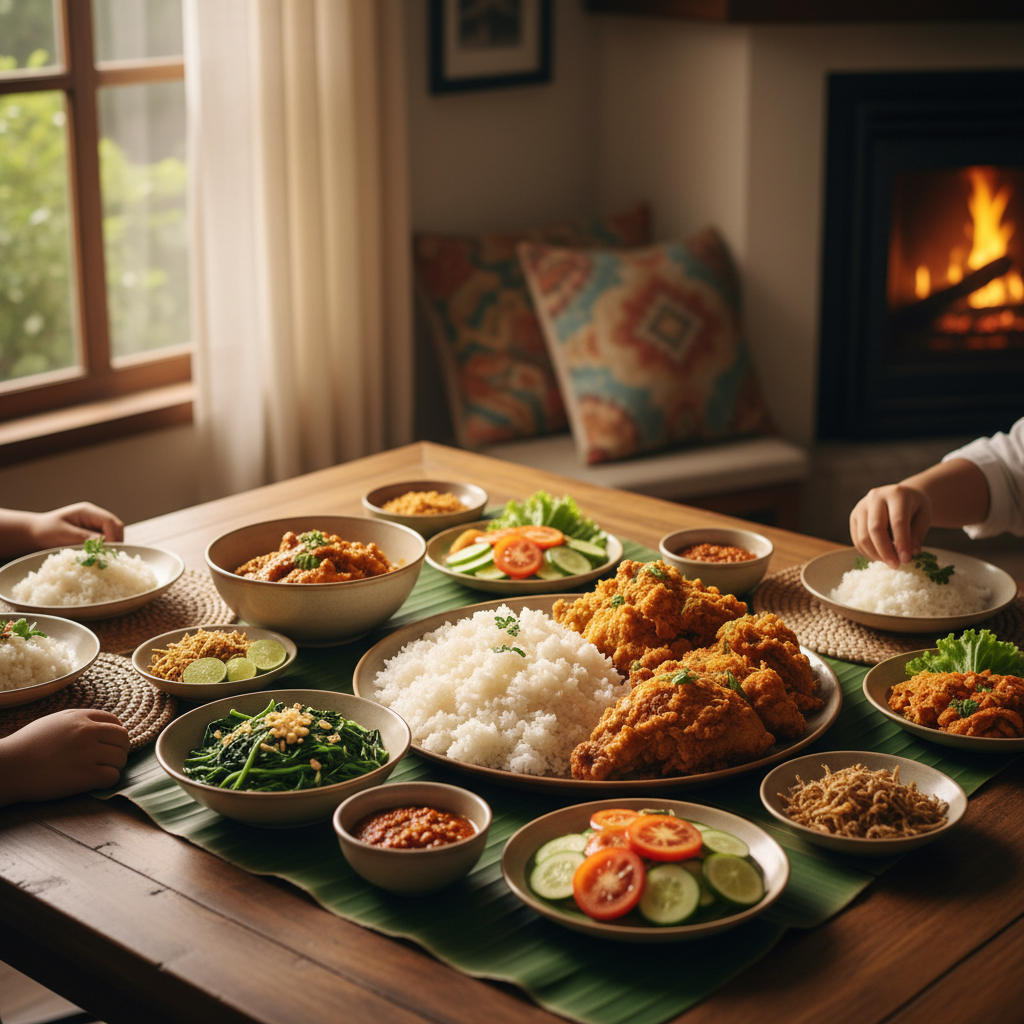 Family meal box with fried chicken pieces, fries and biscuits on warm wooden surface