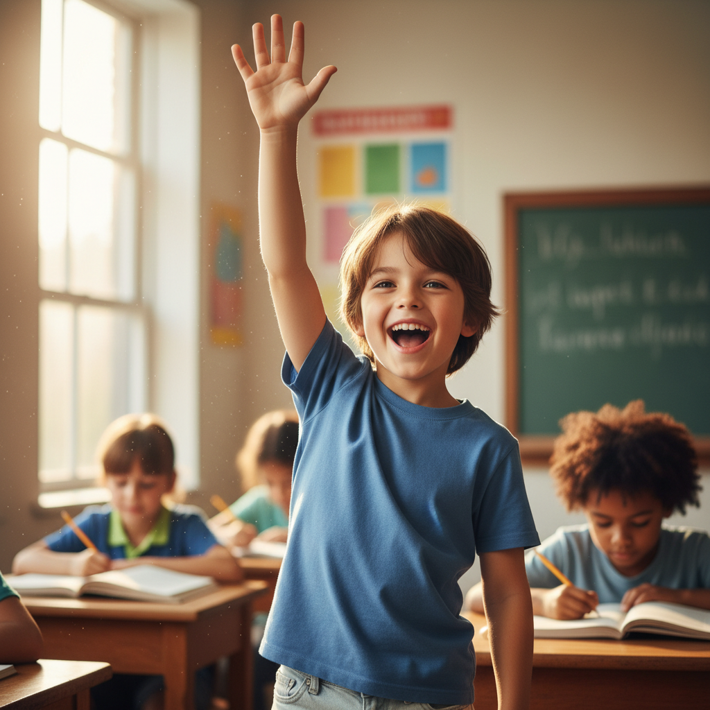 Smiling boy raising his hand enthusiastically in a lively classroom discussion