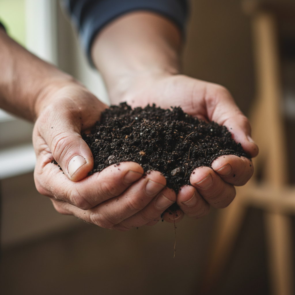 Portrait of the author, weathered hands holding dark soil