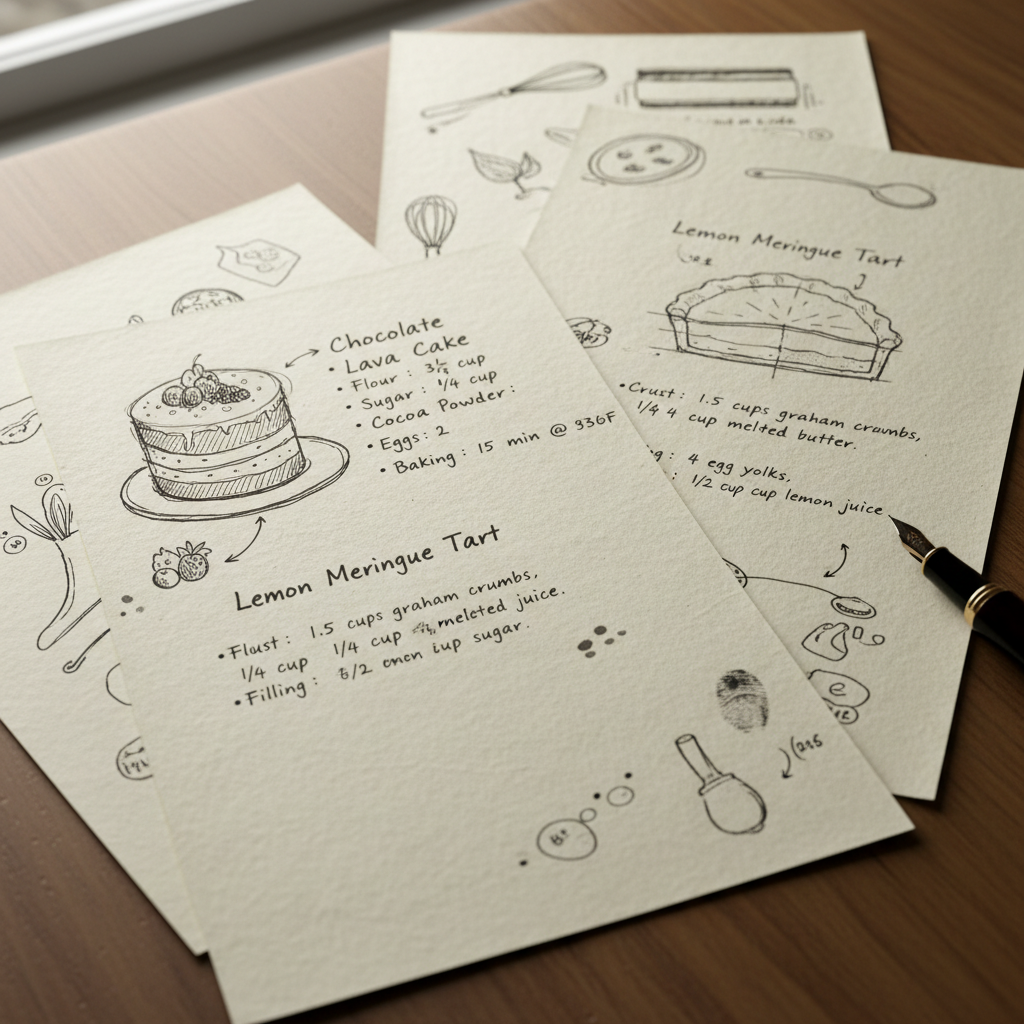 Handwritten recipe card with timing notes and botanical illustrations on parchment paper