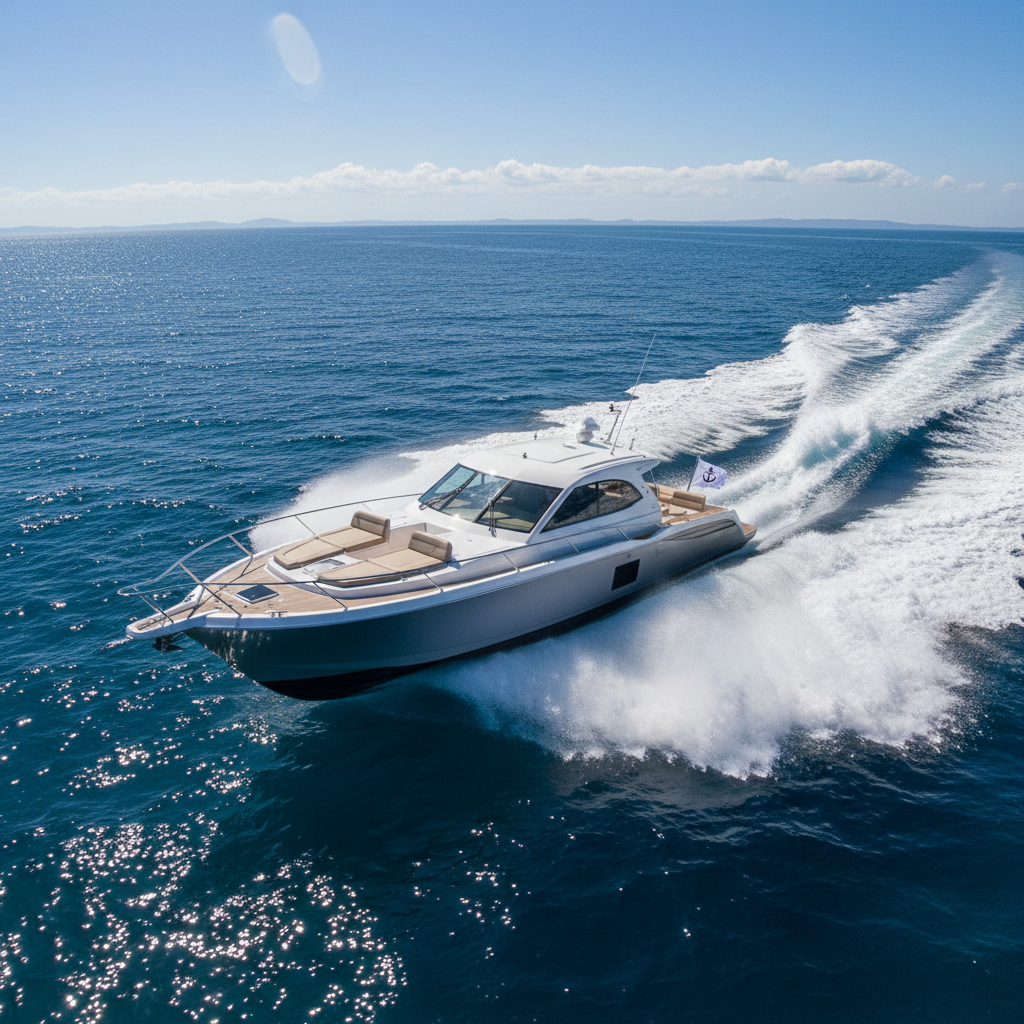 Offshore cruiser running at speed in blue water with spray off bow
