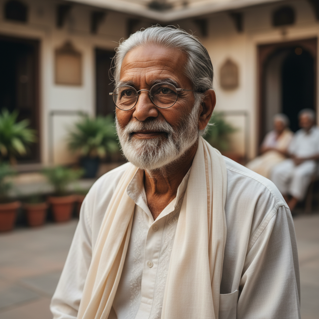 Indian man in his 60s, glasses, calm and dignified expression