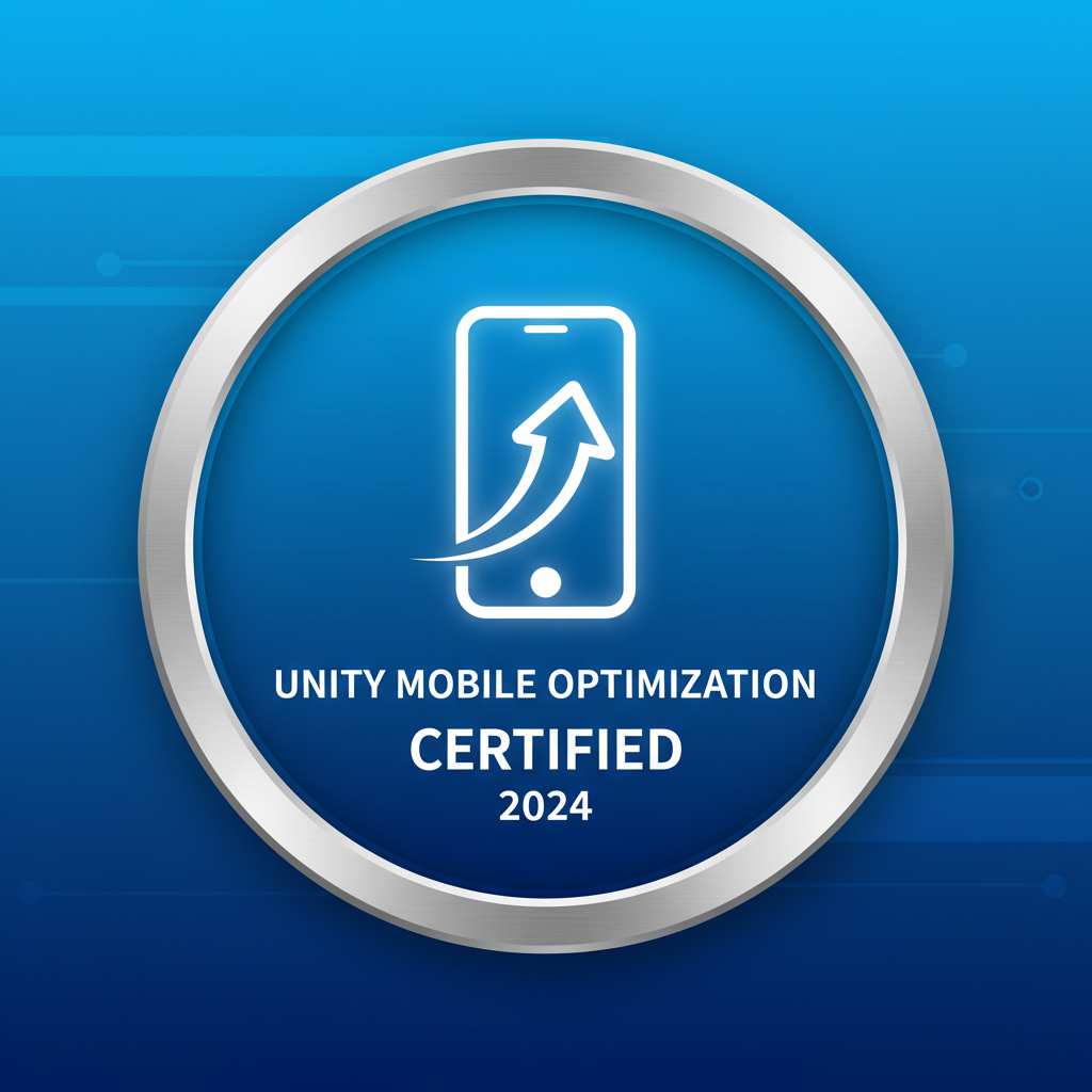 Unity mobile optimization certification with smartphone icon on blue background