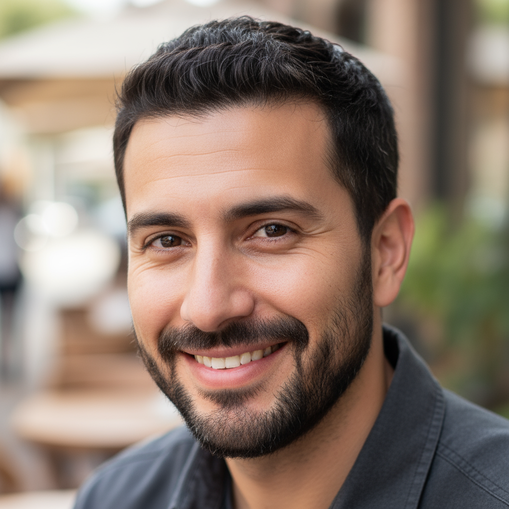 Caucasian man with beard in gray suit jacket smiling confidently