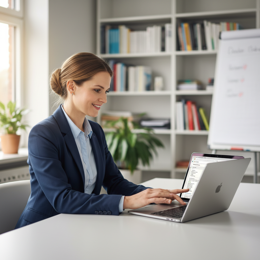 Zertifizierte Deutschlehrerin erklärt freundlich und professionell vor einem Laptop in einem hellen Büro